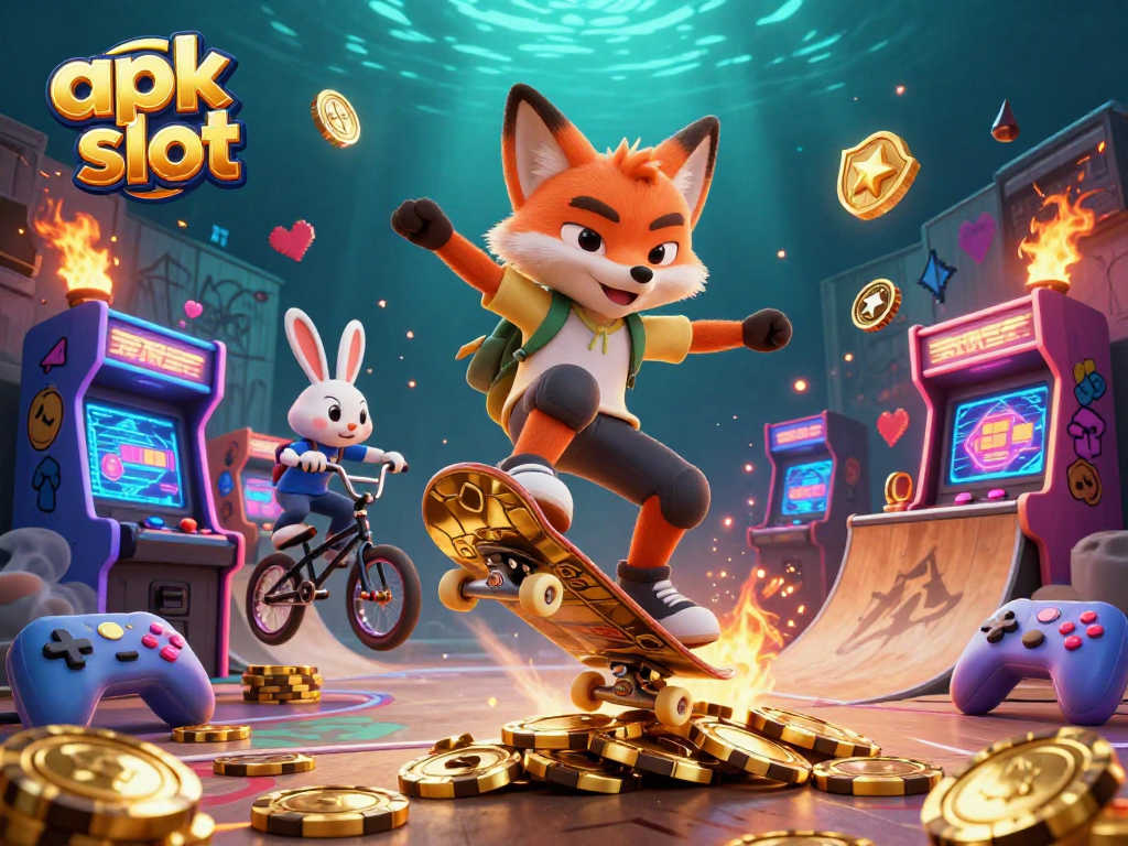 Bermain judi dengan apk slot seru di antara chip poker emas dan karakter lucu.