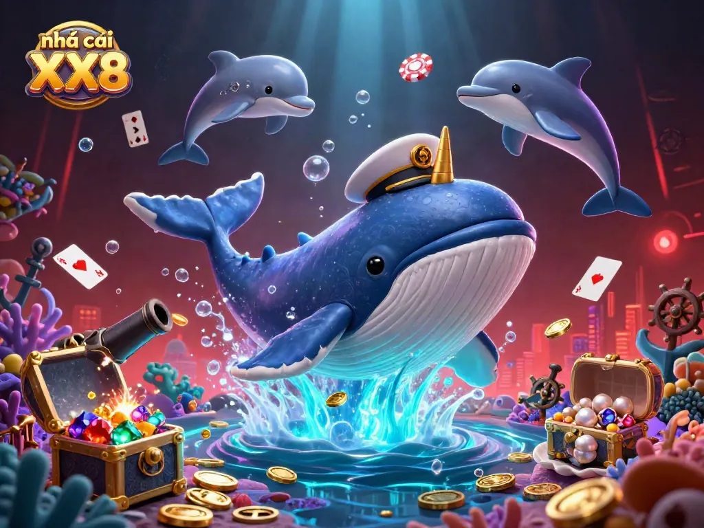 Experience the excitement of nhà cái XX8 with a vibrant underwater casino scene showcasing fun characters and gaming elements.