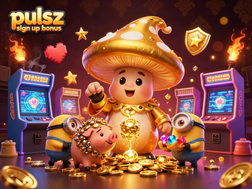 Activate your pulsz sign up bonus with a vibrant scene of a magical golden mushroom wizard and fun gaming elements.