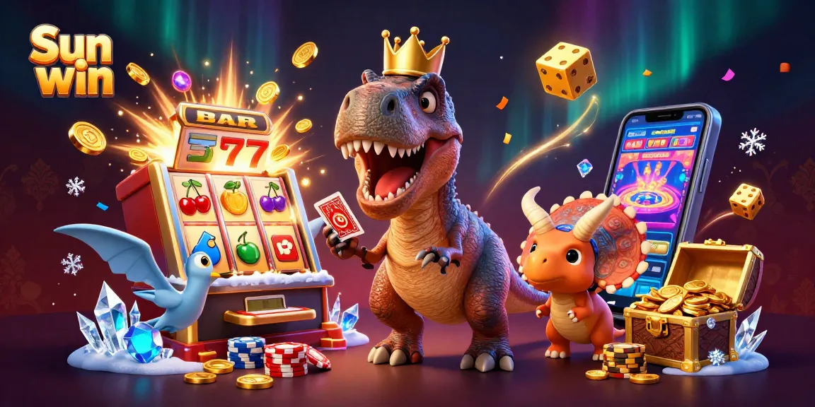 Play games and win with Sun win in this vibrant casino scene featuring dinosaurs and treasure.