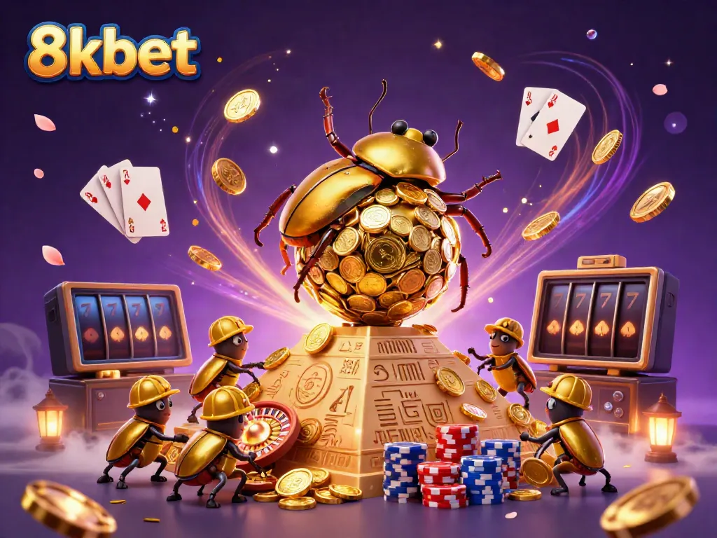 Experience thrilling gameplay with 8xbet as golden coins and casino elements swirl around a captivating beetle scene.