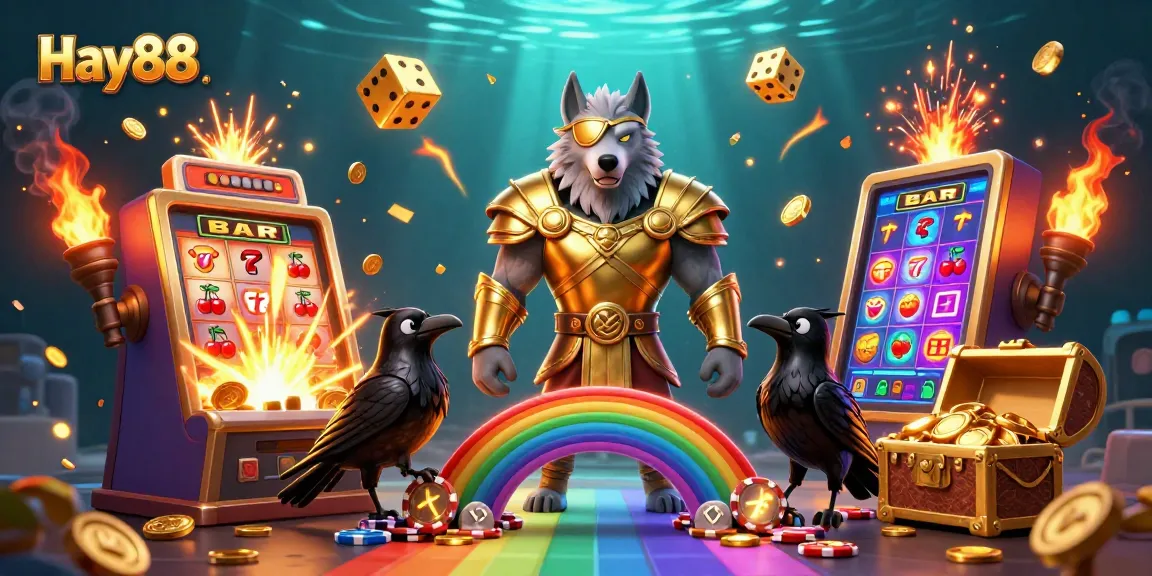 Hay88 players winning big near a massive slot machine bursting with coins and colorful game elements.