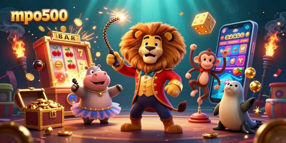 Engage with mpo500's vibrant gaming experience featuring slot machines, lively characters, and dynamic casino elements.