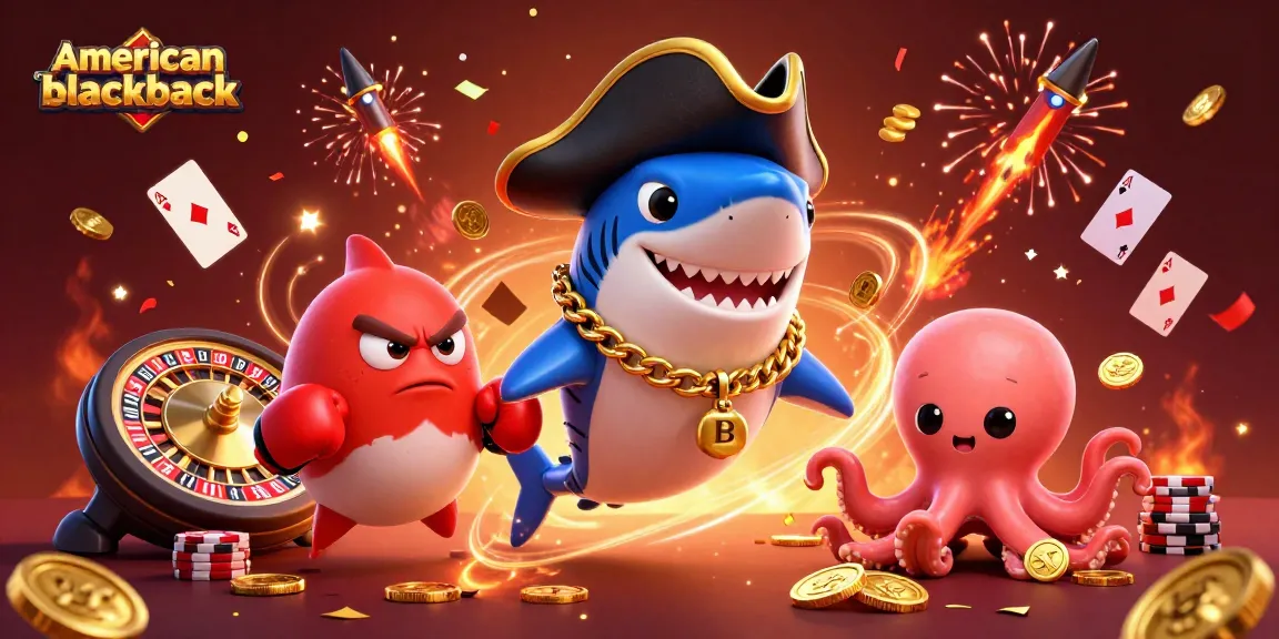 Experience exciting American Blackjack with a dynamic scene featuring characters like a pirate shark and pufferfish.