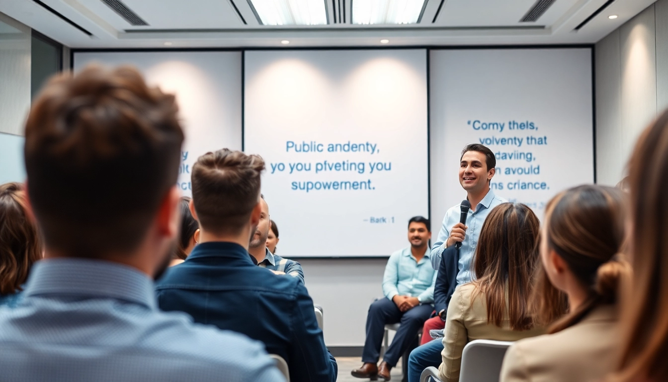 Engage in professional Public Speaking Training with impactful strategies in a vibrant conference room.