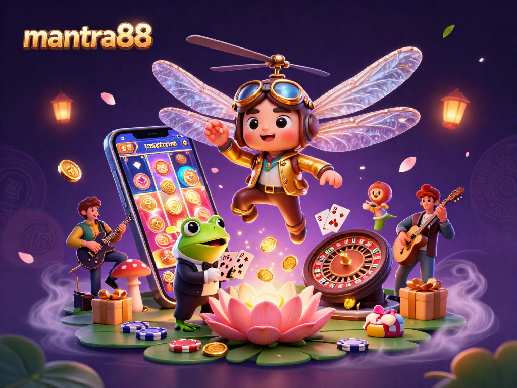 Experience thrilling wins at mantra88 with an engaging gaming scene featuring vibrant characters and casino elements.