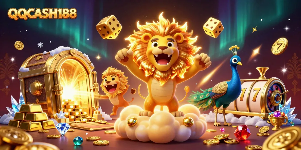 Experience thrilling casino action with QQCASH188 in a vibrant 3D digital illustration featuring slot reels and treasures.