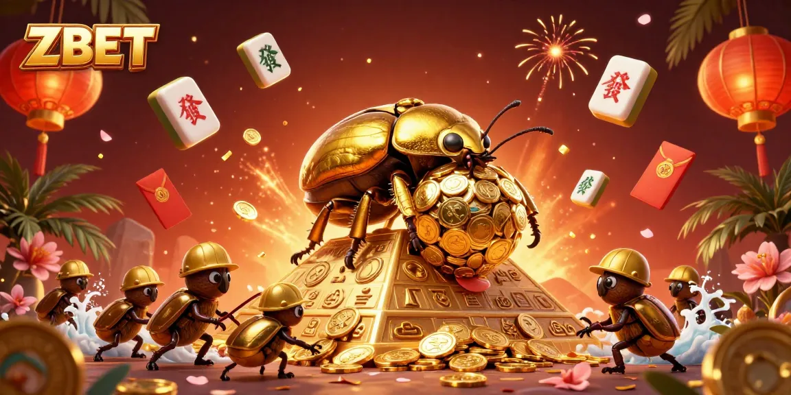 ZBET showcases thrilling casino excitement with a golden beetle rolling coins amid festive elements.