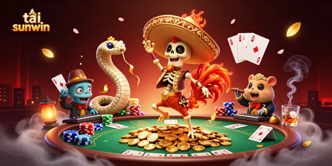 Join the vibrant victory dance of a cartoon skeleton mariachi rooster in tải sunwin themed casino scene.