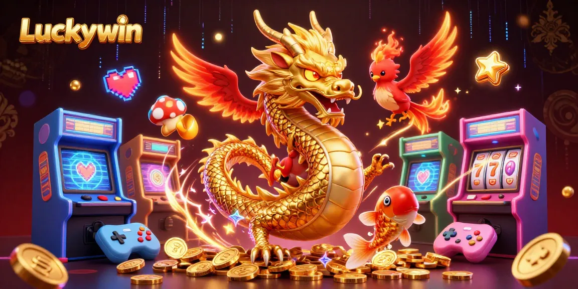 Immerse in Luckywin's vibrant gaming world with dragon, phoenix, and coins showering down.