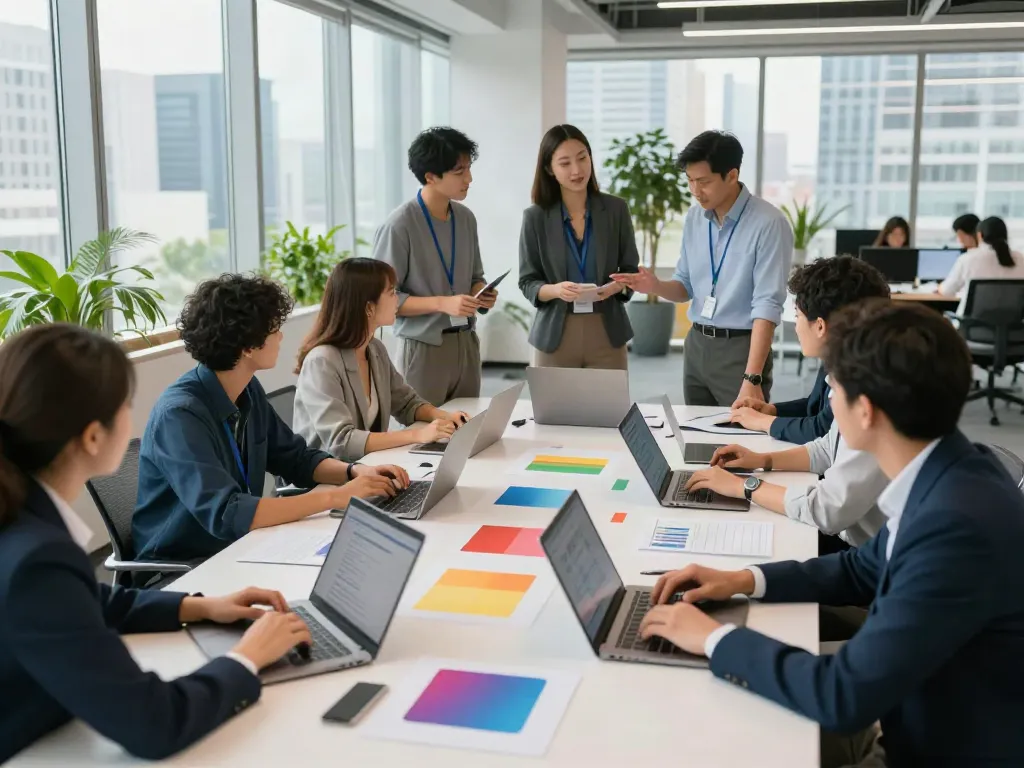 Team collaborating on the full report in a vibrant business workspace.