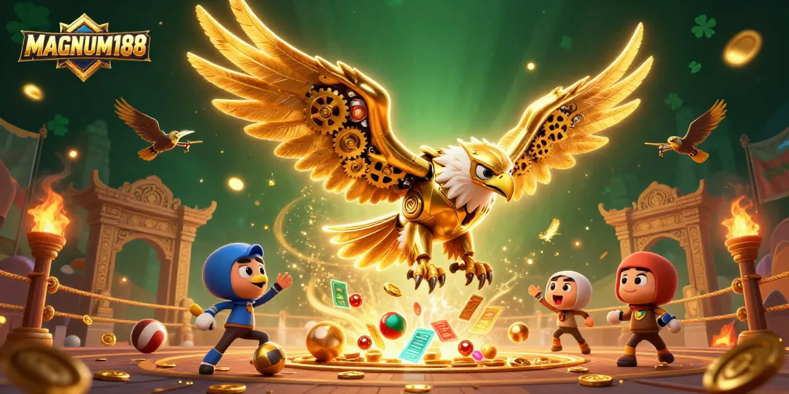 Place bets on sports with MAGNUM188 in this vibrant, action-packed scene featuring dynamic betting elements and golden eagle.