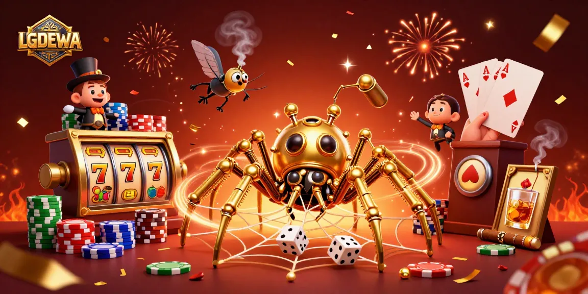 Engage with LGODEWA's steampunk-themed 3D illustration showcasing a spider and fly in a slot game environment.