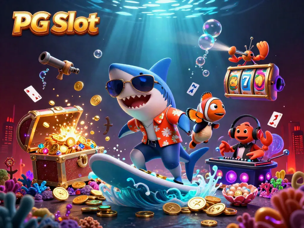 Menangkan PG Slot dengan simbol buah dan slot reel di lautan koin emas.