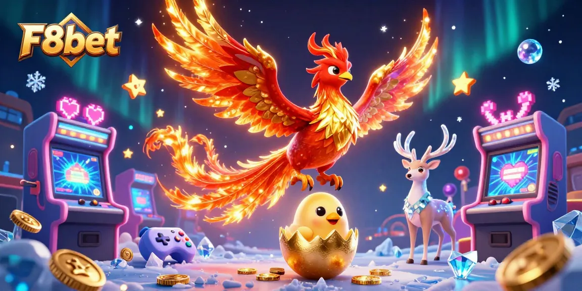 Experience the thrill of gaming with F8bet, featuring a phoenix and vibrant arcade elements.