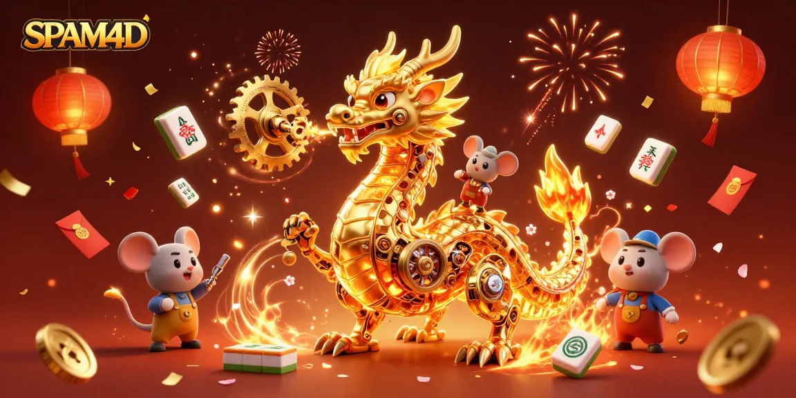 Permainan SPAM4D dengan naga emas biomekanik dan simbol keberuntungan berkilau.