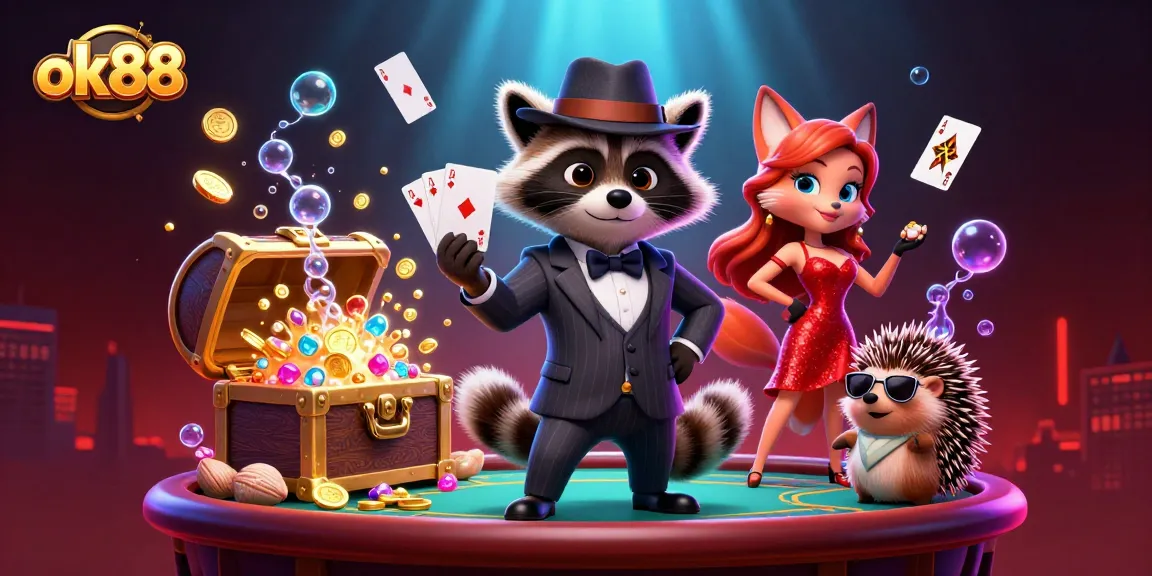 Experience the vibrant excitement of ok88 with a raccoon, fox, and hedgehog scene set in a dynamic casino environment.