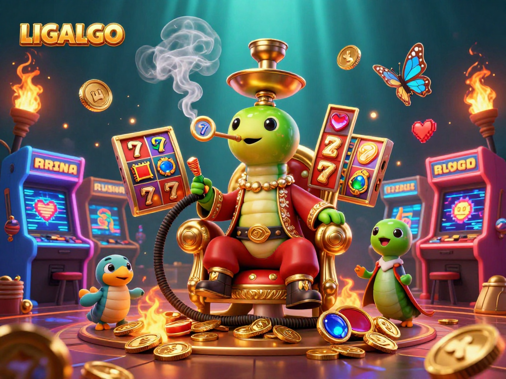 LIGALGO showcases a vibrant casino scene with a caterpillar master blowing smoke symbols, symbolizing winning in slots.