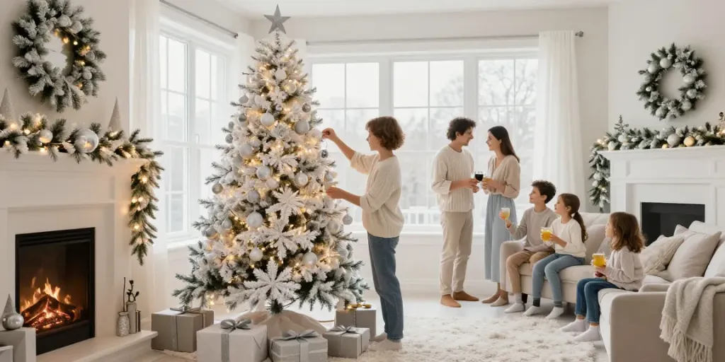 Delightful family decorating a white Christmas tree in an elegant living room, capturing festive joy.