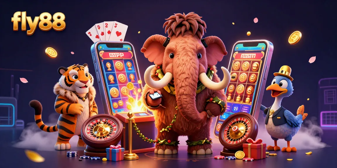 Experience the excitement of fly88 with a mammoth bouncer, a saber-tooth tiger guest, and engaging casino elements.