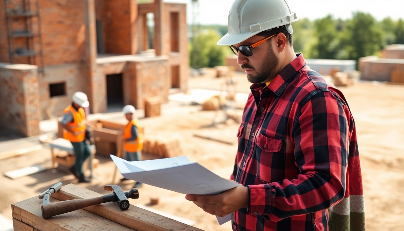 New Jersey General Contractor overseeing a construction site with blueprints and tools.