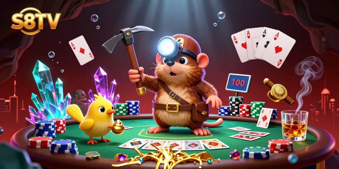 Join the excitement of S8TV as a cartoon treasure hunter explores riches amidst poker elements.