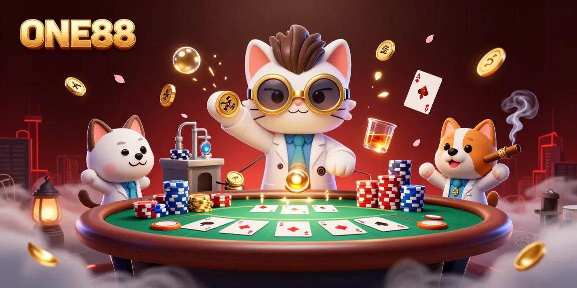 ONE88 showcases a lively scene of a mad scientist cat and assistant creating gold coins amidst vibrant casino elements.
