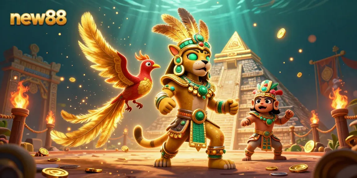 Engage with the thrilling scene of new88 featuring a Mayan jaguar priest and golden quetzal amidst a dynamic casino atmosphere.