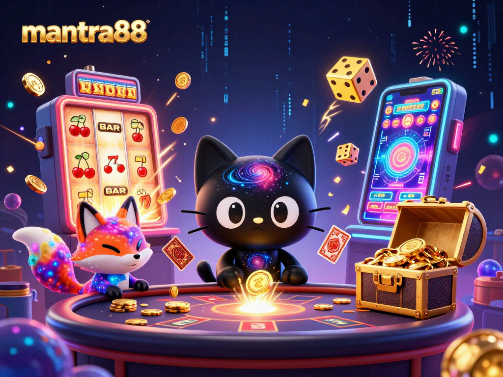 Experience mantra88's vibrant casino world with a cosmic cat and fox, surrounded by jackpots and gaming excitement.