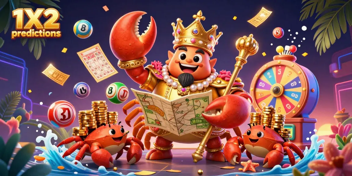 Experience thrilling 1X2 predictions with a massive golden crab emperor leading a lively lottery scene.