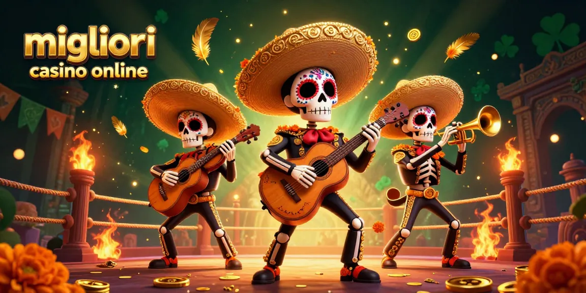 Scopri i migliori casino online con la band mariachi e simboli di fortuna tra festoni colorati.