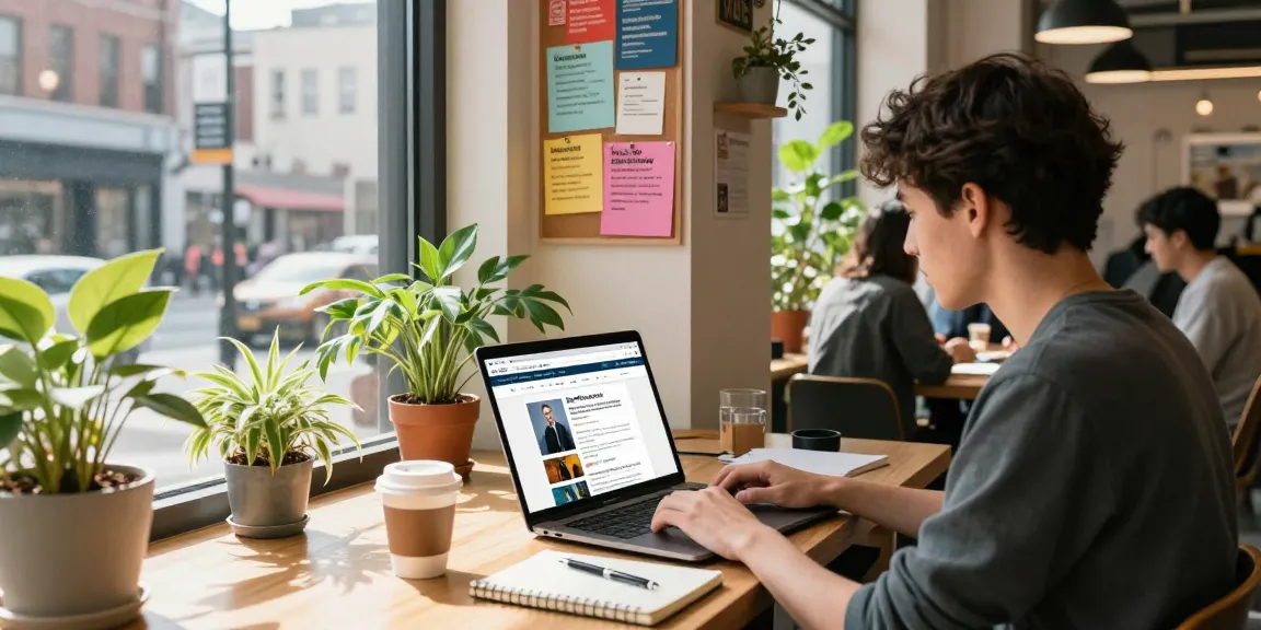 Engaged user browsing BedPersonal for local classified ads in a vibrant co-working space.