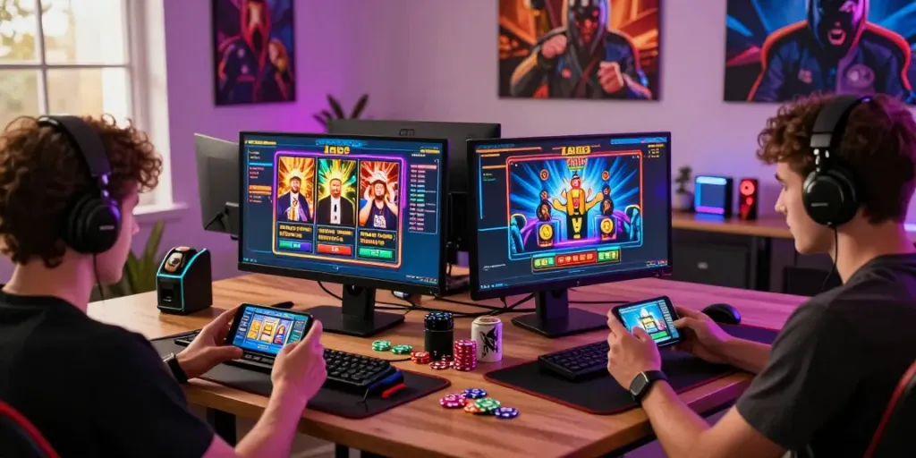 Pengguna apk slot bermain game slot online di ruang santai, dengan suasana ceria dan aksesori permainan.