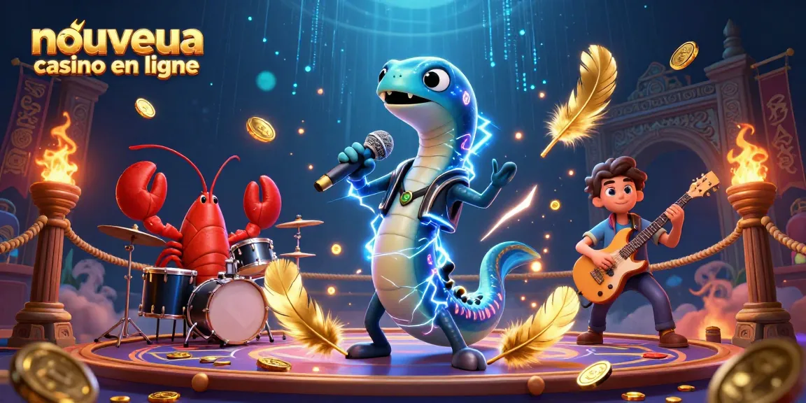 Scène vibrante de spectacle avec un DJ anguille électrique, un batteur homard et un guitariste hippocampe au nouveau casino en ligne