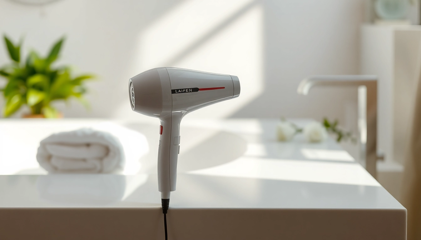 Stylish Laifen SE hair dryer elegantly displayed in a modern bathroom setting.