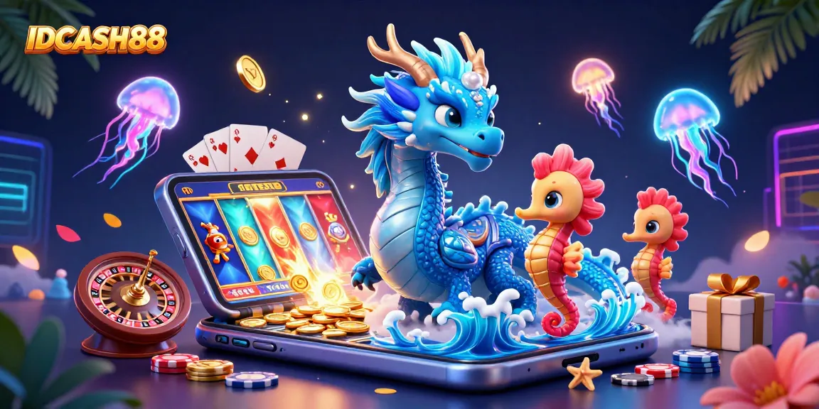Experience winning opportunities with IDCASH88's vibrant casino atmosphere in a dynamic 3D illustration.