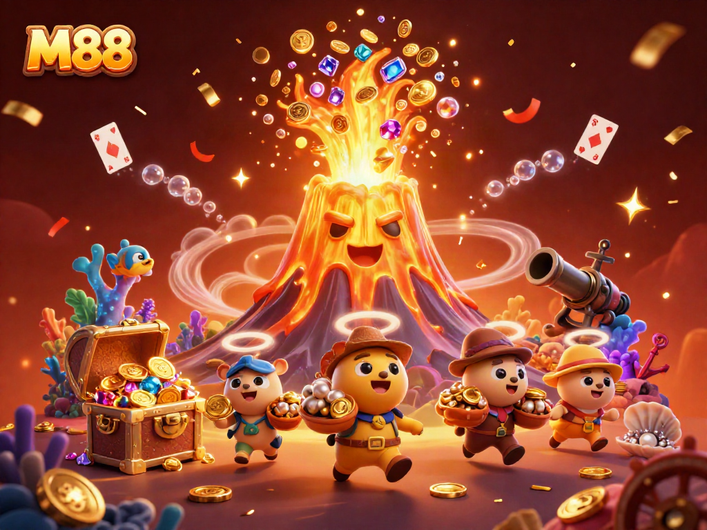 M88 showcases a vibrant 3D illustration of a golden volcano and treasure in a lively casino scene.