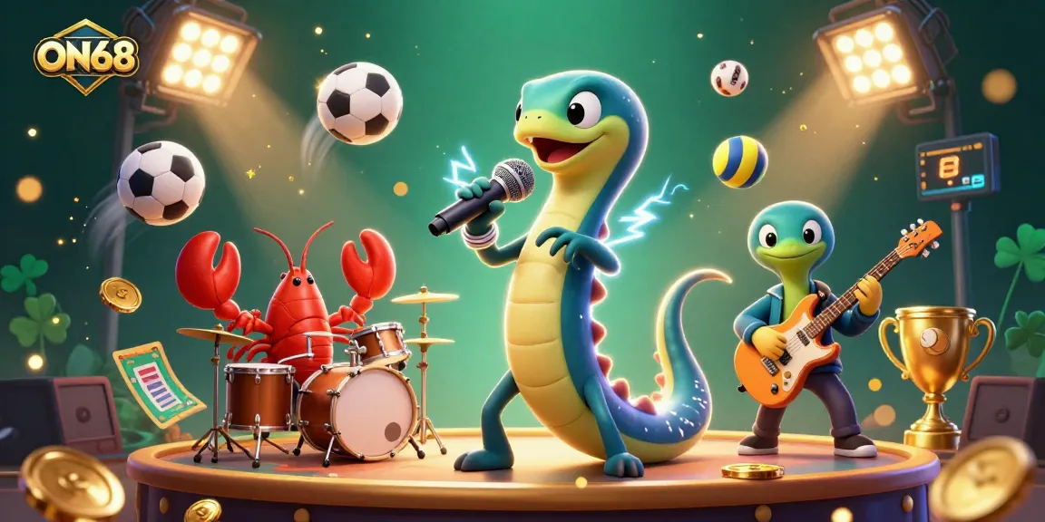 Join the ON68 adventure with a vibrant underwater casino scene featuring a DJ electric eel and friends.