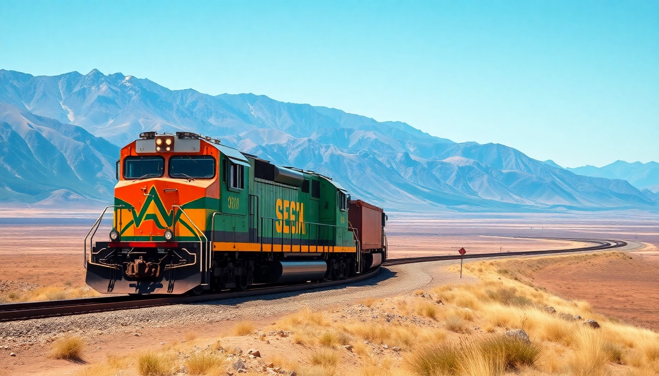 Freight train representing North American rail services moving through diverse landscapes.