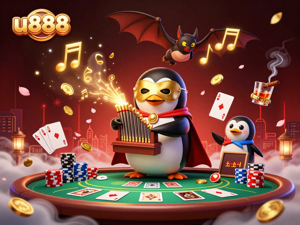 Engage with u888's vibrant casino scene featuring a penguin, poker elements, and rich visual details.