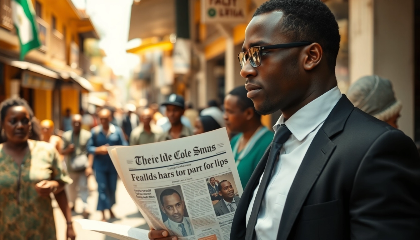 Nigerian Newspaper Headlines displayed prominently as a journalist discusses them in an urban setting.