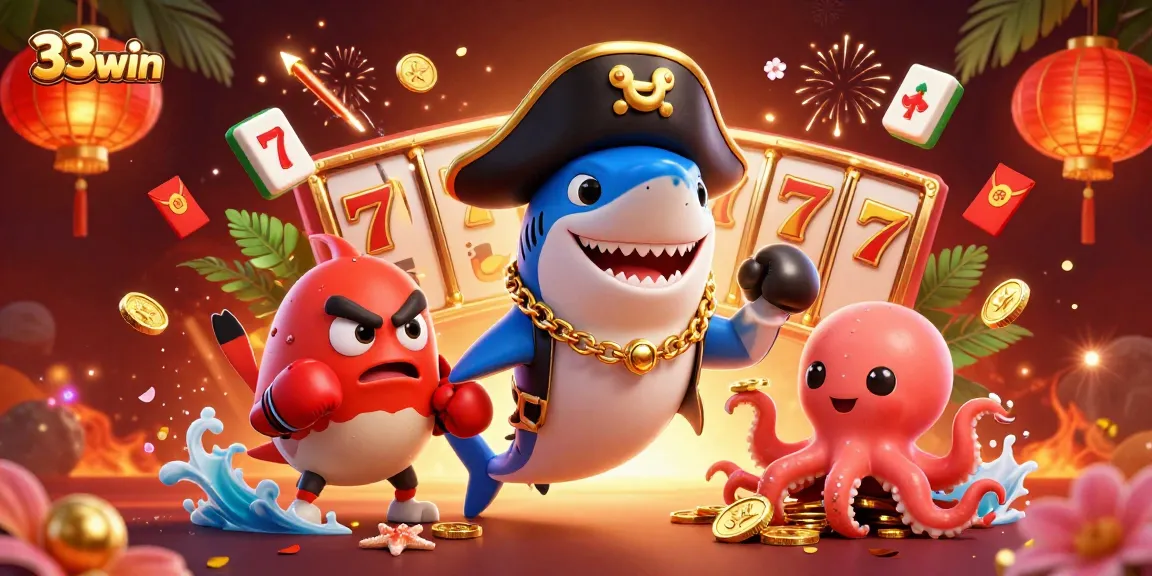 Promote winning strategies at 33win with a fun 3D casino-themed illustration featuring a pirate shark.
