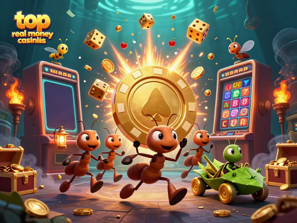 Experience fun at top real money casinos Australia with playful ants heisting a giant poker chip in a vibrant scene.