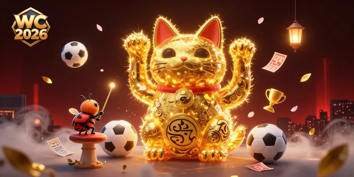 Place your bets with wc 2026 as a golden lucky cat waves over dynamic sports betting elements.