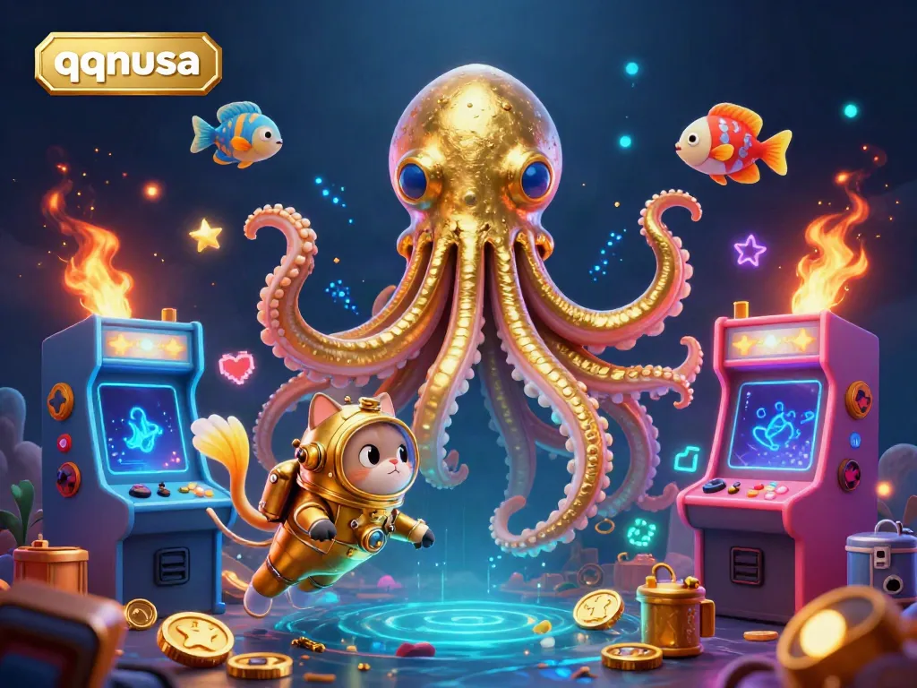 Engage in thrilling adventures with qqnusa, featuring a kraken, diving cat, and deep-sea fish in a vibrant casino scene.