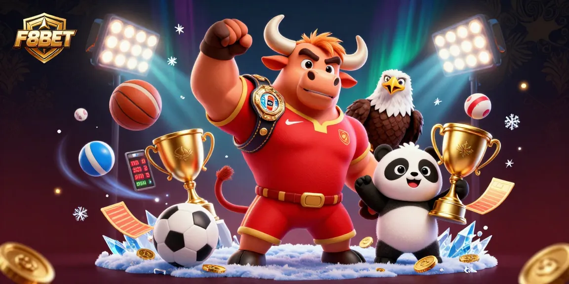 F8BET players celebrate wins with bull mascot, eagle, and panda in vibrant casino gaming scene