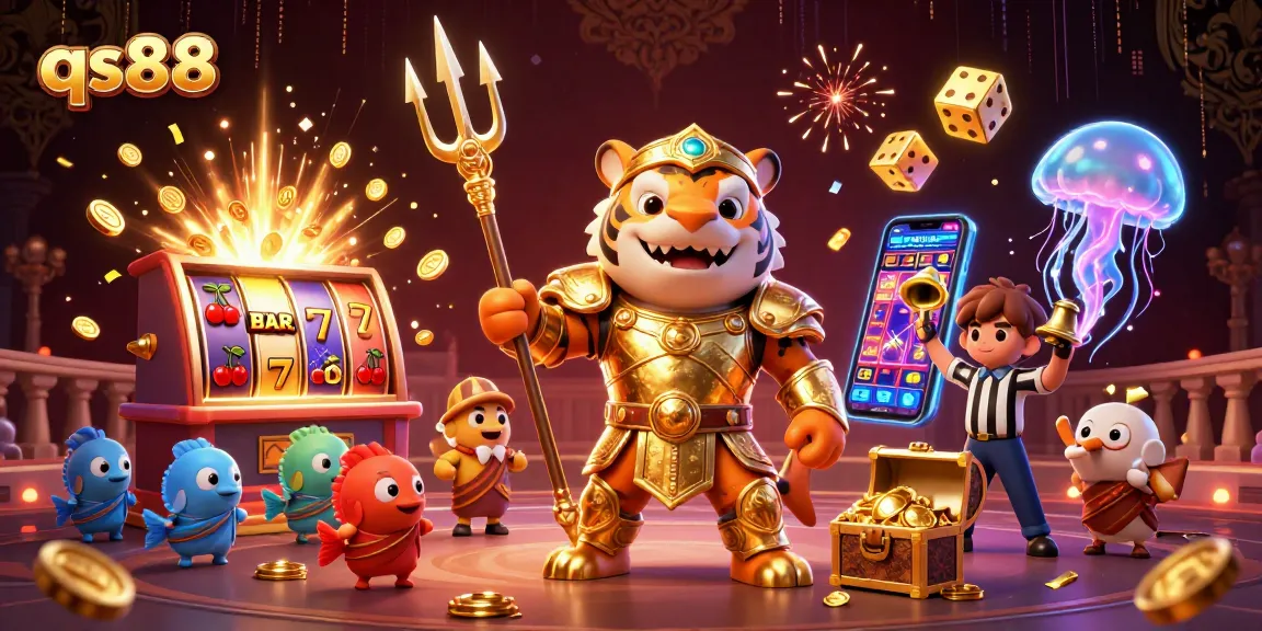 qs88 casino scene featuring a tiger shark in gladiator armor among jackpot winners
