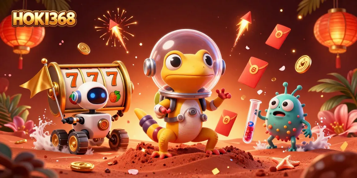 Experience the thrill of HOKI368 with a cartoon Martian enjoying a golden casino adventure.
