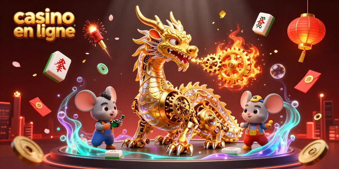 Admirez ce dragon doré mécanique dans un casino en ligne animé, entouré de symboles chanceux.