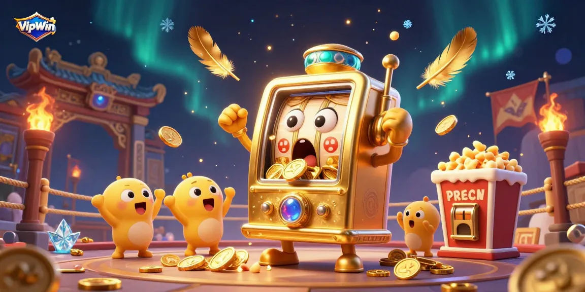 Experience excitement with VipWin as the golden slot machine hits a jackpot, surrounded by cheering slot machines and festive elements.